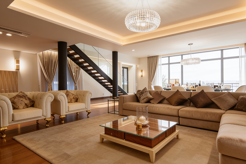Sala com estrutura fabril restaurada (imagem de exemplo)